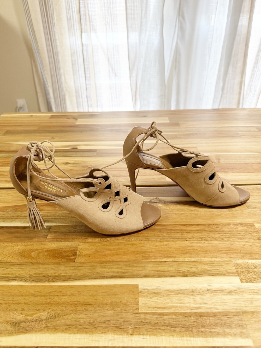 Aquazzura Get Me Everywhere Suede Tassel Cutout Tan Nude 105 Heels Size 39 - Picture 6 of 11